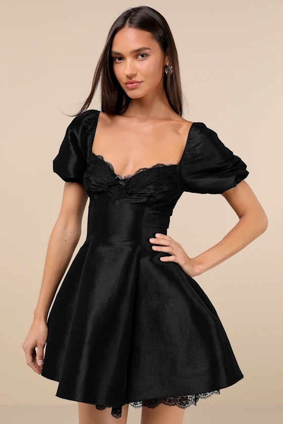 Enchanting Presence Black Taffeta Lace Puff Sleeve Mini Dress | Lulus