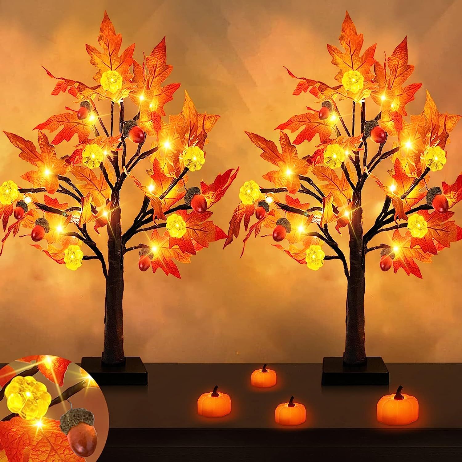 [ Timer ] 2 Pack 22 Inch Prelit Lighted Maple Tree Thanksgiving Decorations Orange Red Maple Tree... | Amazon (US)