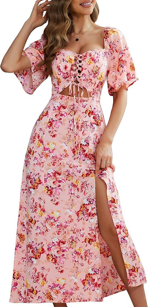 Womens Summer Floral Midi Dress 2024 Casual Boho Dresses Short Sleeve A-line Square Neck Tie Fron... | Amazon (US)