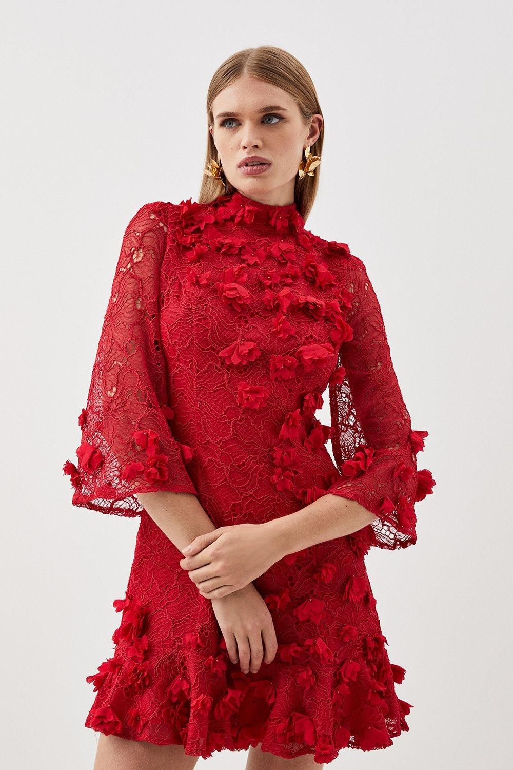 Floral Applique On Lace Woven Mini | Karen Millen US