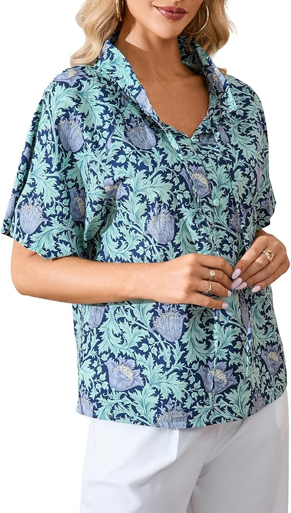 Women Summer Floral Shirts Short Sleeve Ruffle Collar Blouse Button Up V Neck Lightweight Casual ... | Amazon (US)