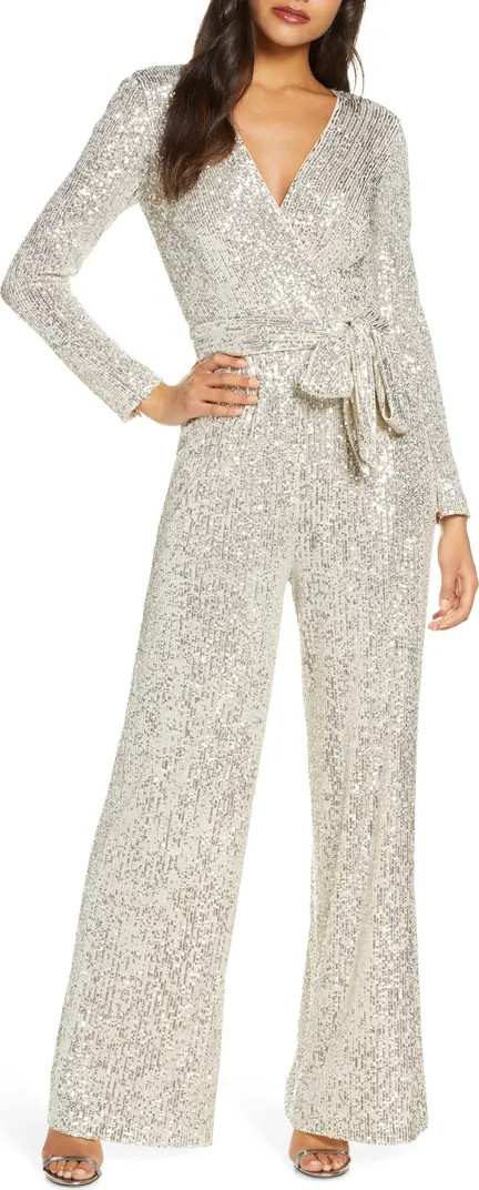Sequin Wrap Front Long Sleeve Jumpsuit | Nordstrom