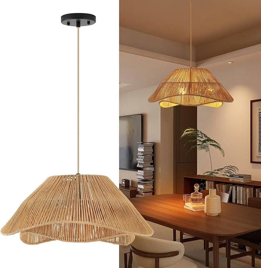19.68" Rattan Pendant Light Fixture, 3-Light Boho Hanging Light Fixture Ceiling Mount, Bohemian W... | Amazon (US)