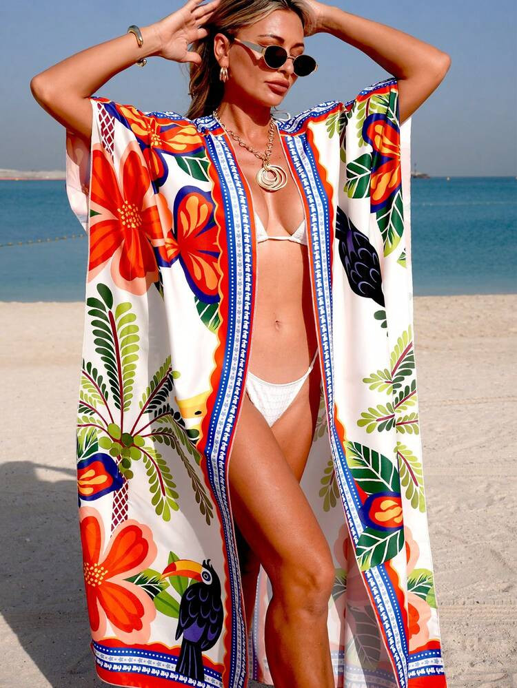 Swim Vcay Women's Spring/Summer Beach Dress, Floral Print Loose Batwing Sleeve Split Hem Vacation... | SHEIN