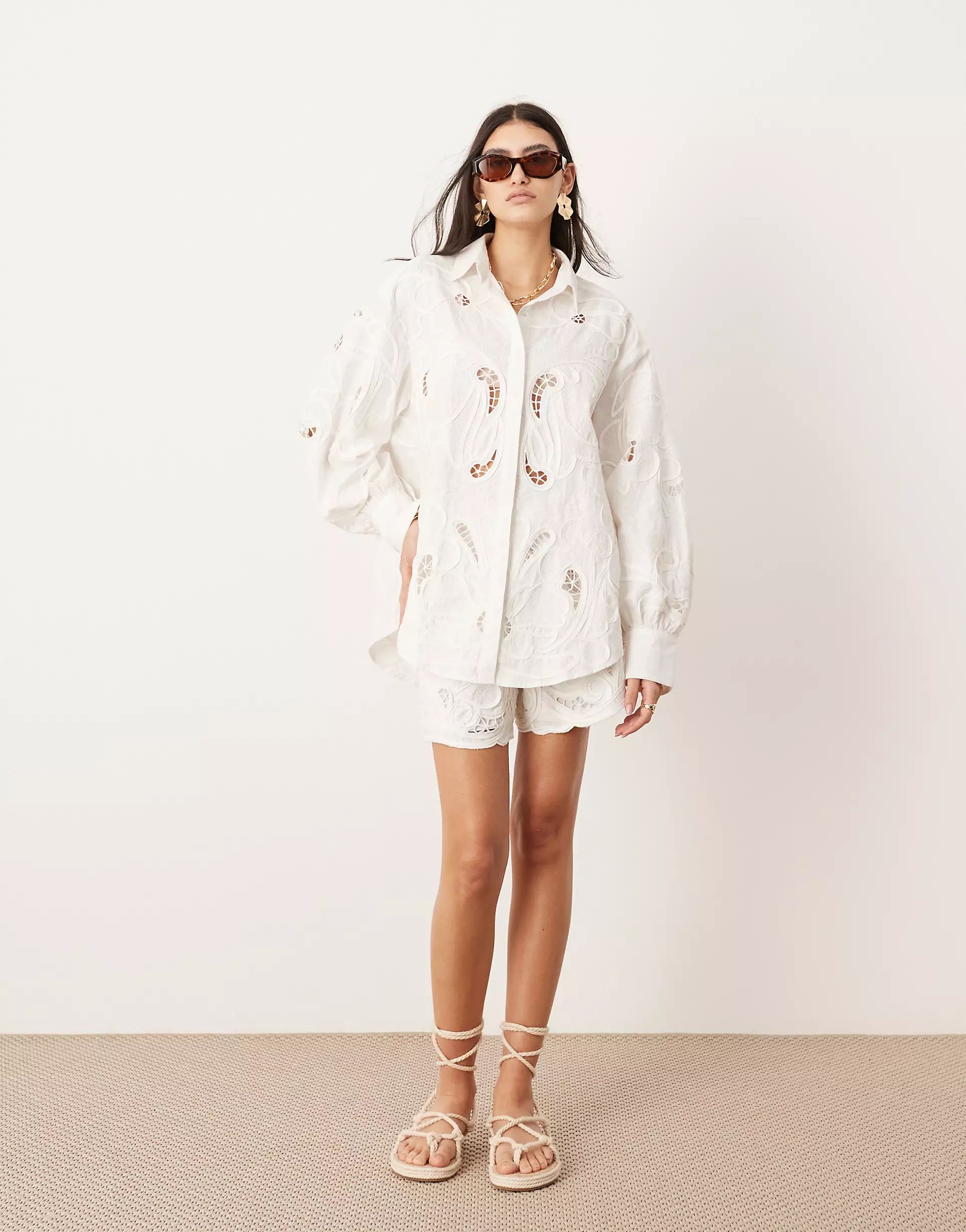 ASOS EDITION broderie cut work boxy shorts co-ord in white | ASOS (Global)