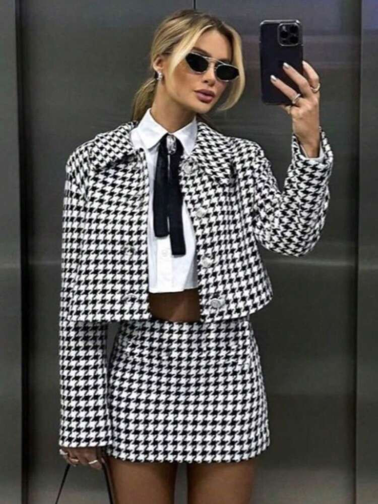 Women's Winter Houndstooth Tweed Short Jacket And Mini A-Line Skirt 2 Pieces Set, Office Wear | SHEIN