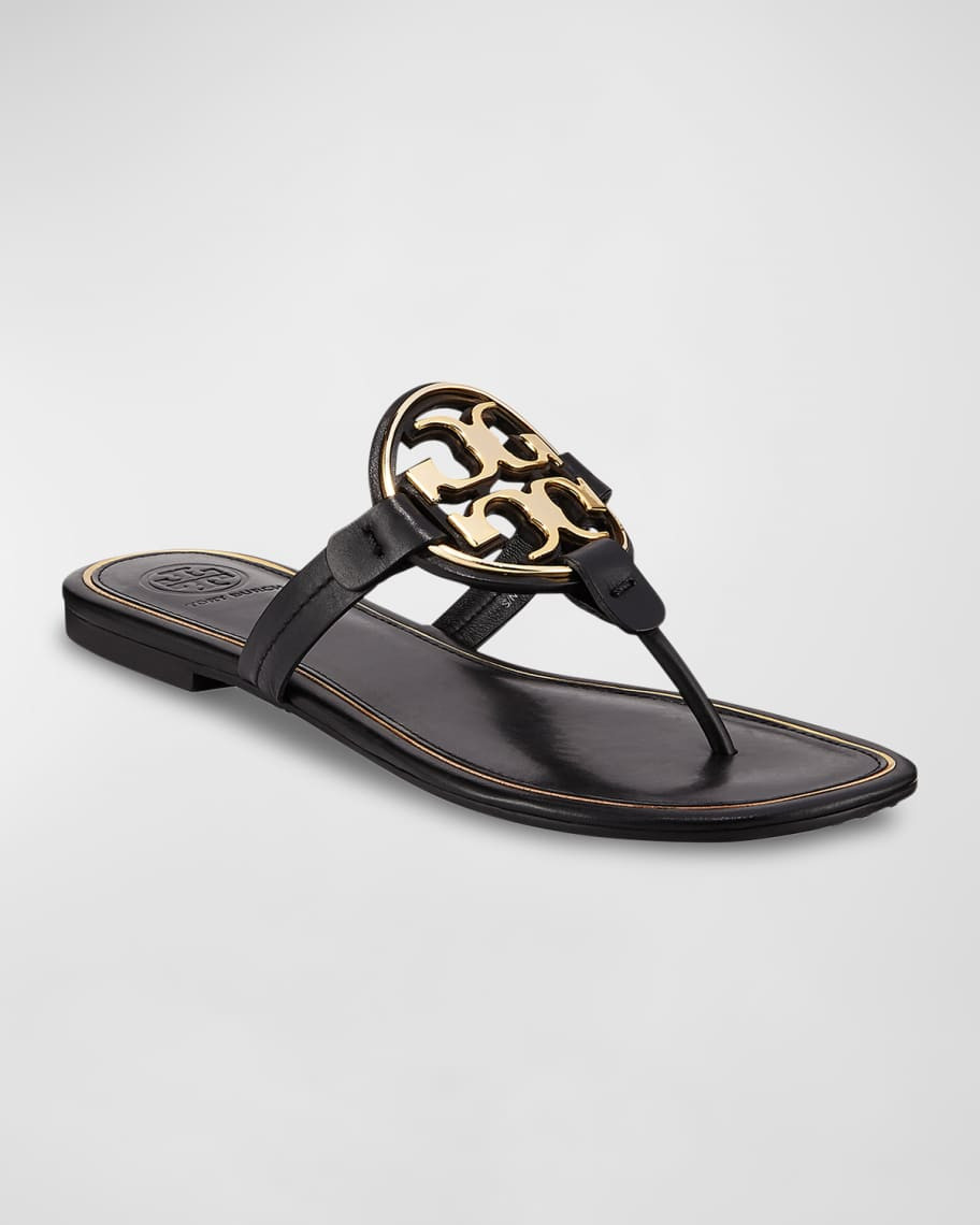 Tory Burch Miller Flat Metal Logo Slide Sandals | Neiman Marcus
