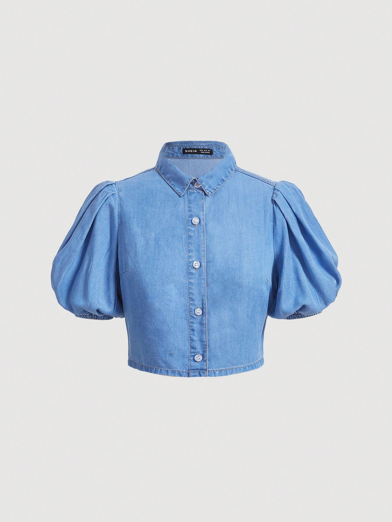 SHEIN MOD Puff Sleeve Button Front Denim Top | SHEIN