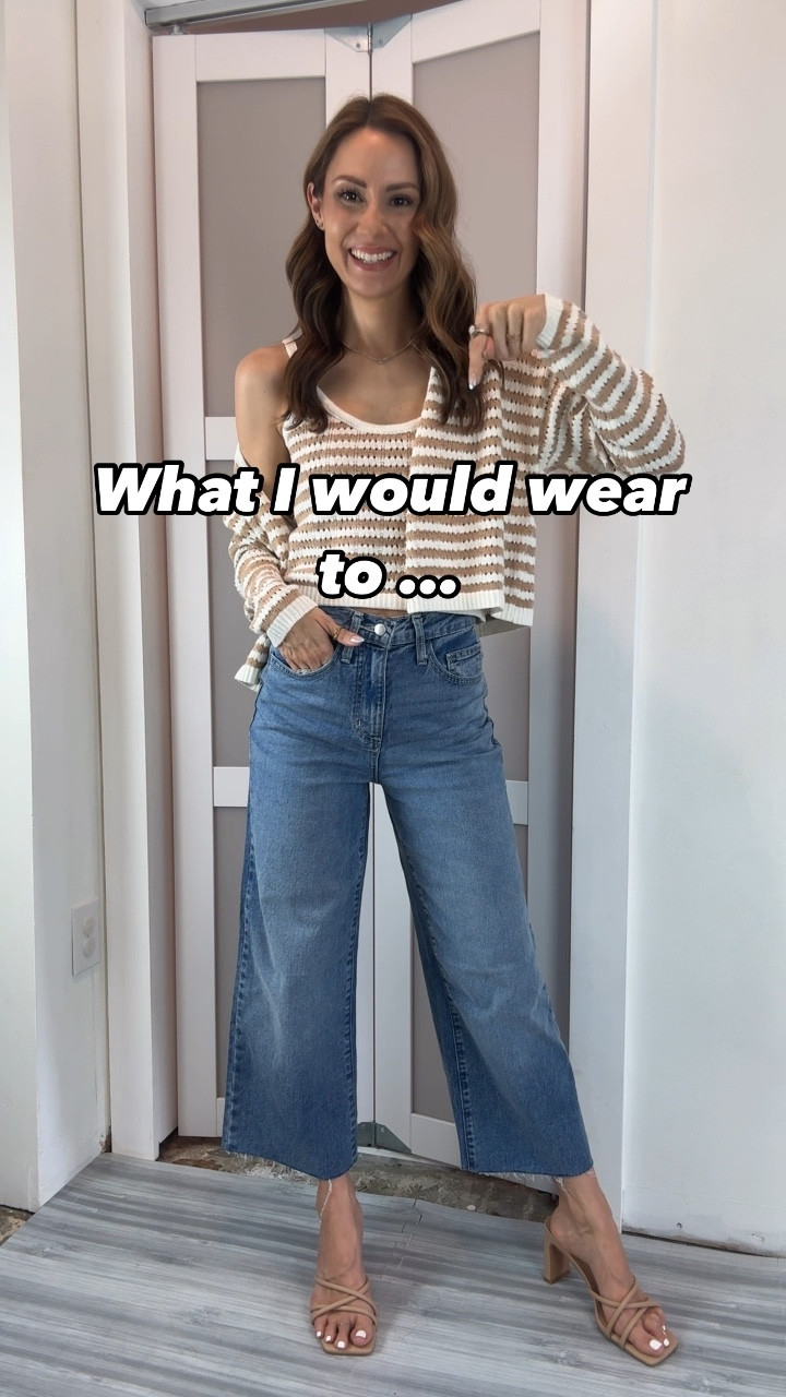 Full details on each look in the previous posts! The sweater tank and cardigan is so versatile and easy to mic and match. Wearing a small in both. My jeans are only $36 and I love them so much. I cut them at ankle length. I sized down to a 00 in them. The block heel strappy sandals are new and are so comfy! They go with anything as you can see and can easily work with outfits from casual to dressy! They are true to size! 
The neutral brown striped button down/ button up top is so cute to wear now like this and then bring it right into the fall with jeans or leggings! It’s lined and I’m wearing a small! My white denim shorts are out of stock, but I am linking similar for inspo. Flat sandals are a favorite, so comfortable, and true size. 
The two-piece floral set is so dreamy! The top has button back closure and ties at the shoulders, but the ties are not adjustable. The skirt has side zip closure and elastic around the back for comfort. I am wearing a size small in both the top and the bottom. It is a little big on me in the waist but worth getting altered. I am 5‘4“ for reference in length. Another plus is that it is so easy to mix and match with other pieces in your closet. 


#LTKFindsUnder100 #LTKVideo #LTKBacktoSchool