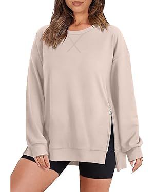 WIHOLL Women's Oversized Lightweight Sweatshirt with Side Slit Zipper Soft Crew Neck Pullover Lon... | Amazon (US)