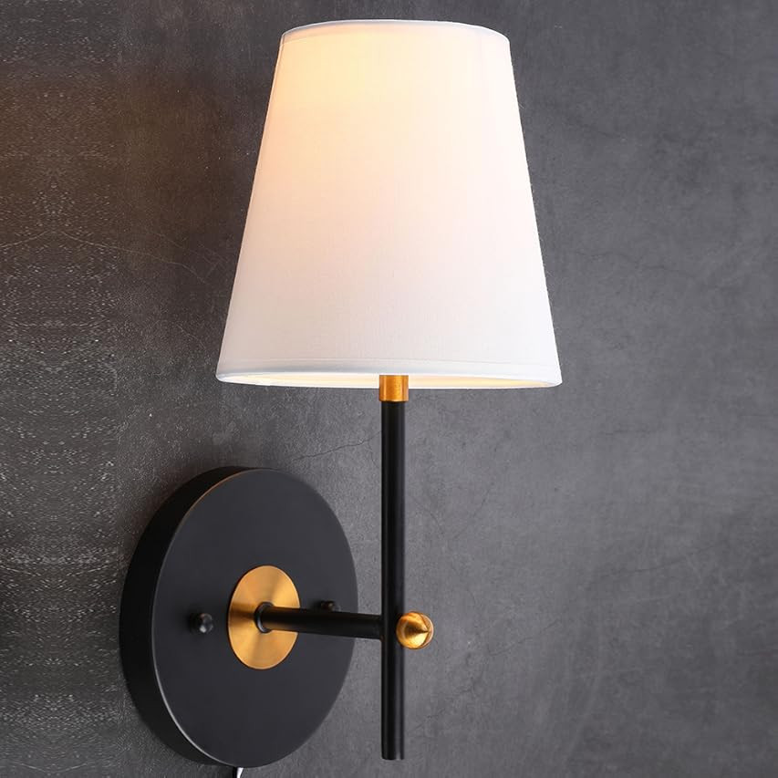 1-Light Wall Sconce Plug in Cord with White Fabric Shade, Wall Mount Vanity Lamp in Brushed Nickle F | Amazon (US)