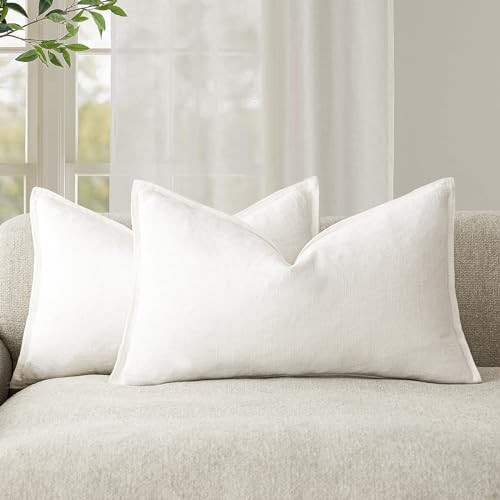 Foindtower Pack of 2, Decorative Linen Soild Throw Pillow Covers Soft Accent Lumbar Cushion Case Boho Farmhouse Neutral Pillowcase for Couch Sofa Bed Living Room Home Decor 12 x 20 Inch Cream White | Amazon (US)