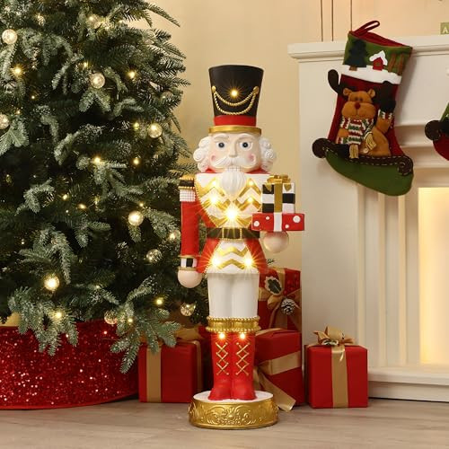 LuxenHome 3FT Tall Nutcracker Christmas Decoration, Large Holiday Nutcracker Soldier Statue with Gift Box, Lighted Figures Christmas Decorations Indoor, Outdoor Xmas Festival Display, Red and White | Amazon (US)