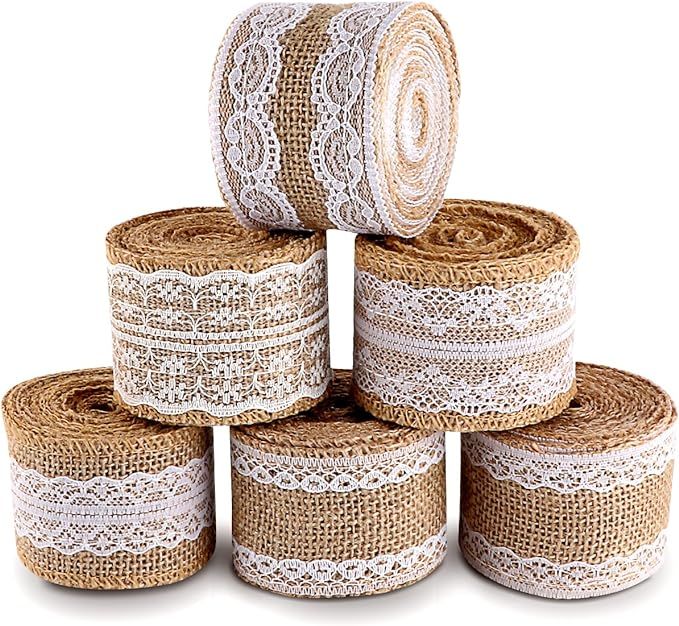 ilauke 20 Yards Natural Burlap Ribbon Roll with White Lace Trims Tape 6 Rolls for Rustic Wedding ... | Amazon (US)