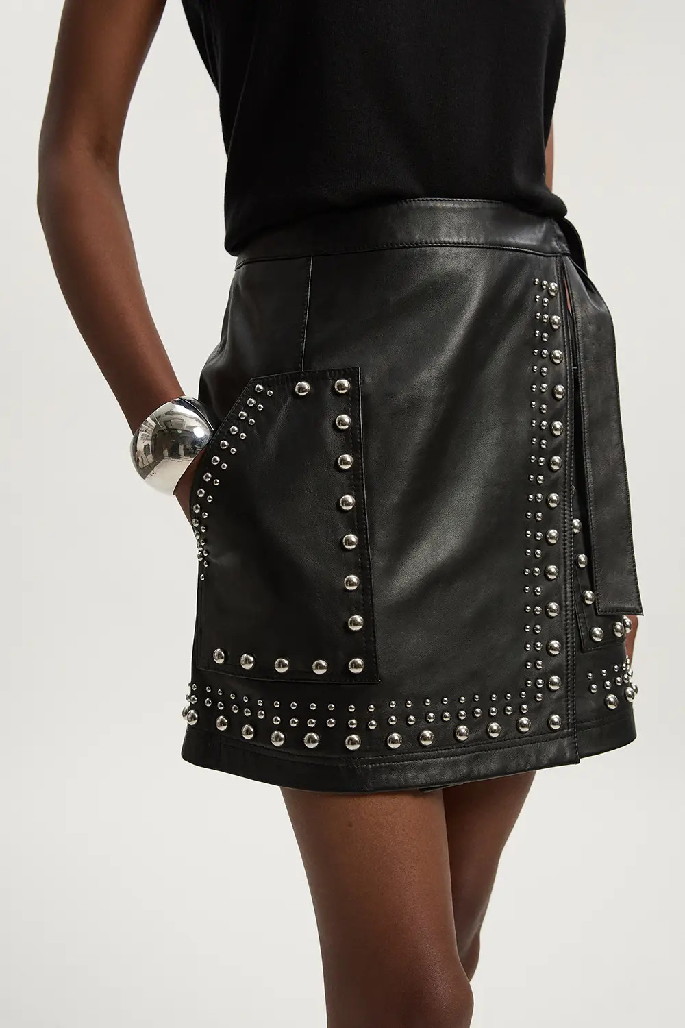 Studded Leather Wrap Mini Skirt | Karen Millen US