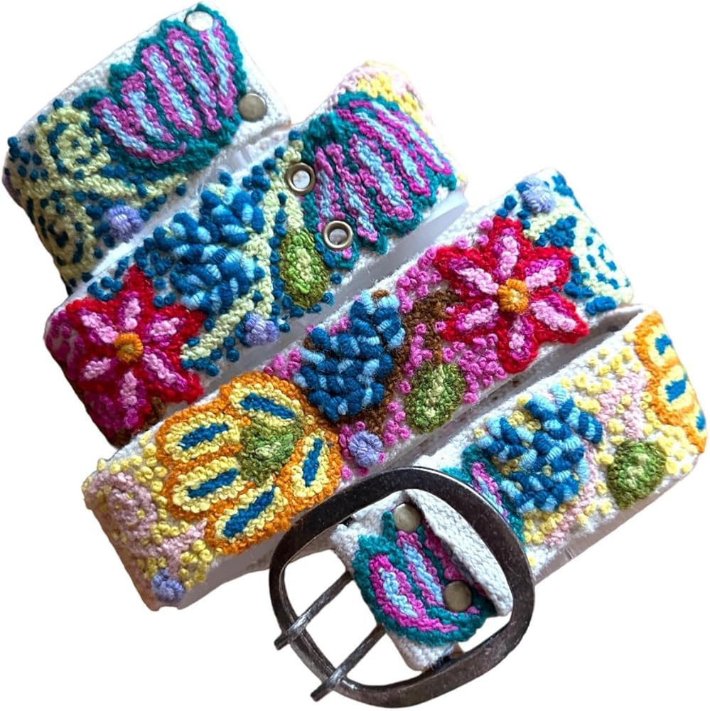 Embroidered Flower Belt, Wool Belt, Peruvian, Hand Embroidered, Boho - "Aqua Star" | Amazon (US)