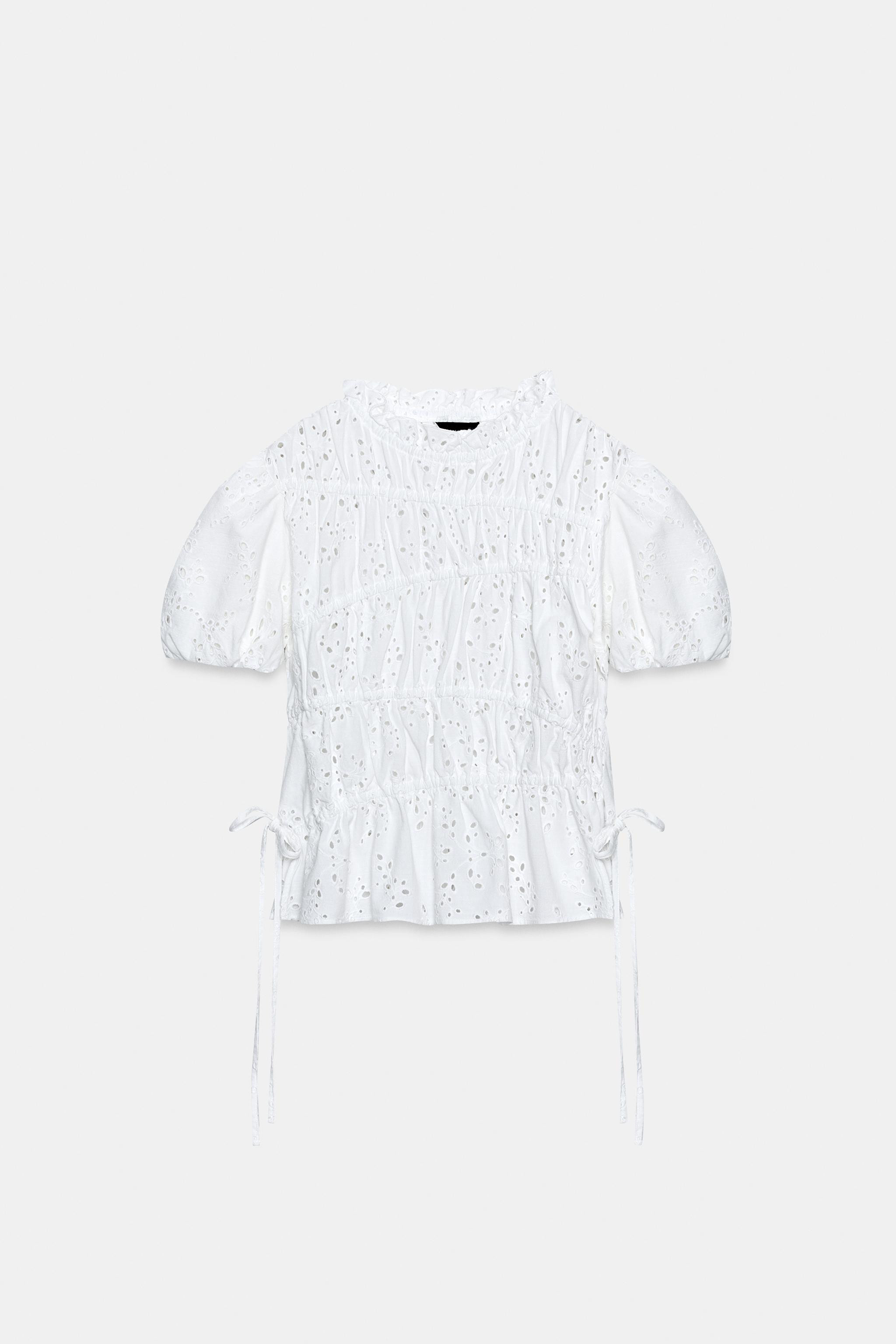 EMBROIDERED EYELET RUCHED TOP | Zara US