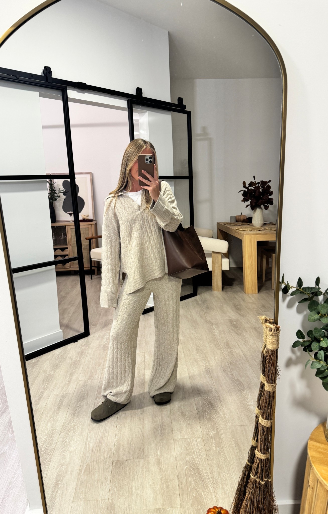 Cable knit polo sweater and pants from H&M wearing size XS in both 