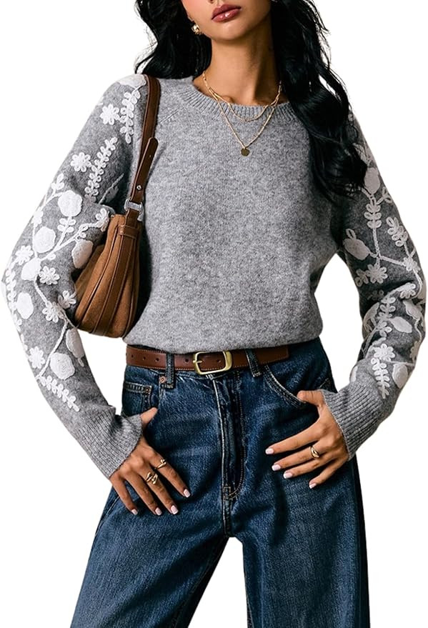 Verdusa Women's Boho Chic Floral Cozy Sweaters Raglan Sleeve Pullover Knit Tops | Amazon (US)