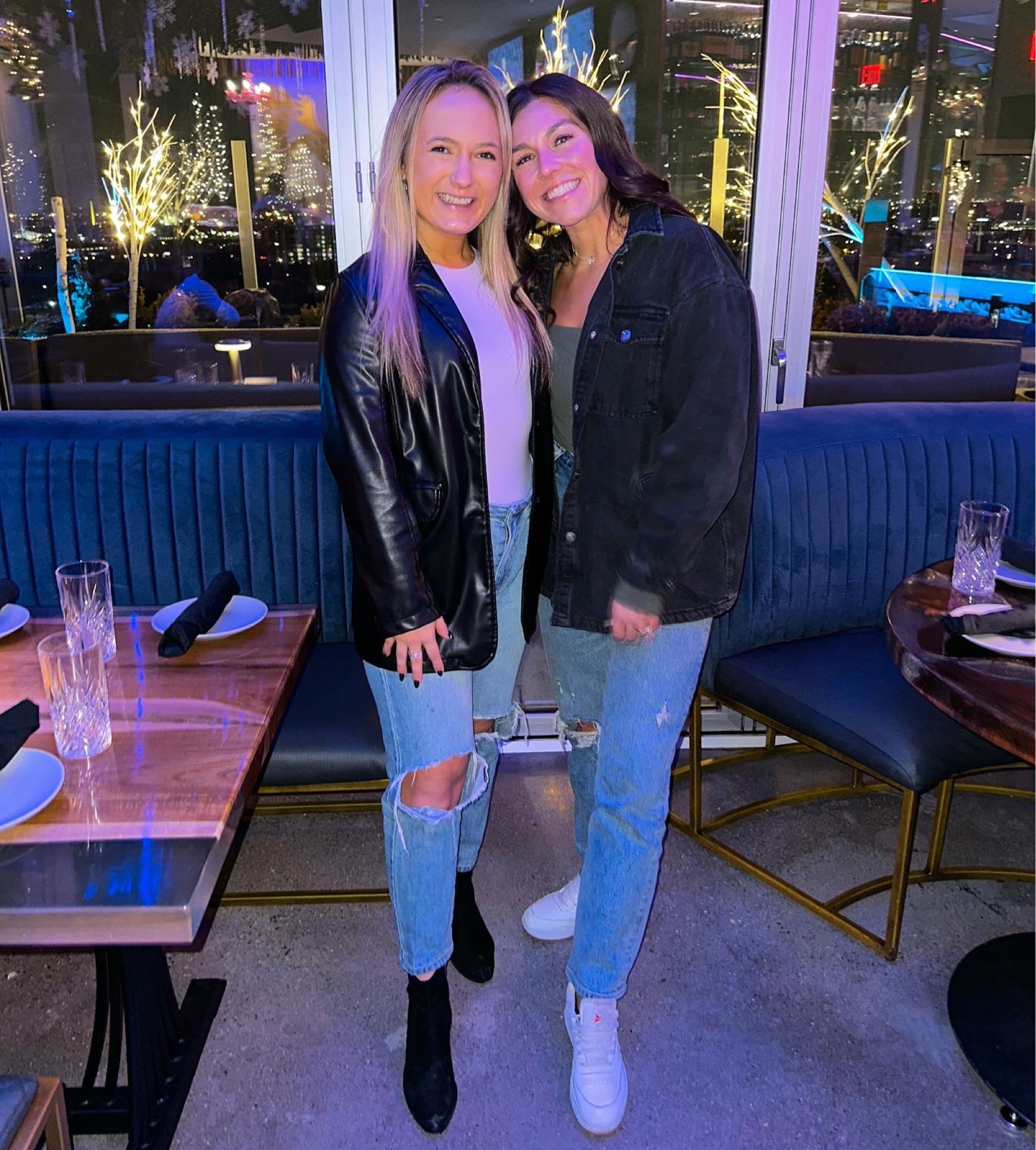 Night out outfit 
Top: skims fits everybody high neck bodysuit in sugar plum
Jacket: leather blazer from Amazon 
Jeans: pink Lily 