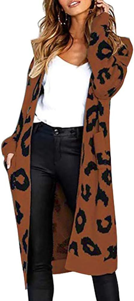 Leopard Print Cardigan for Women Open Front Knit Maxi Sweater Long Sleeves Outwear Long Casual Co... | Amazon (US)