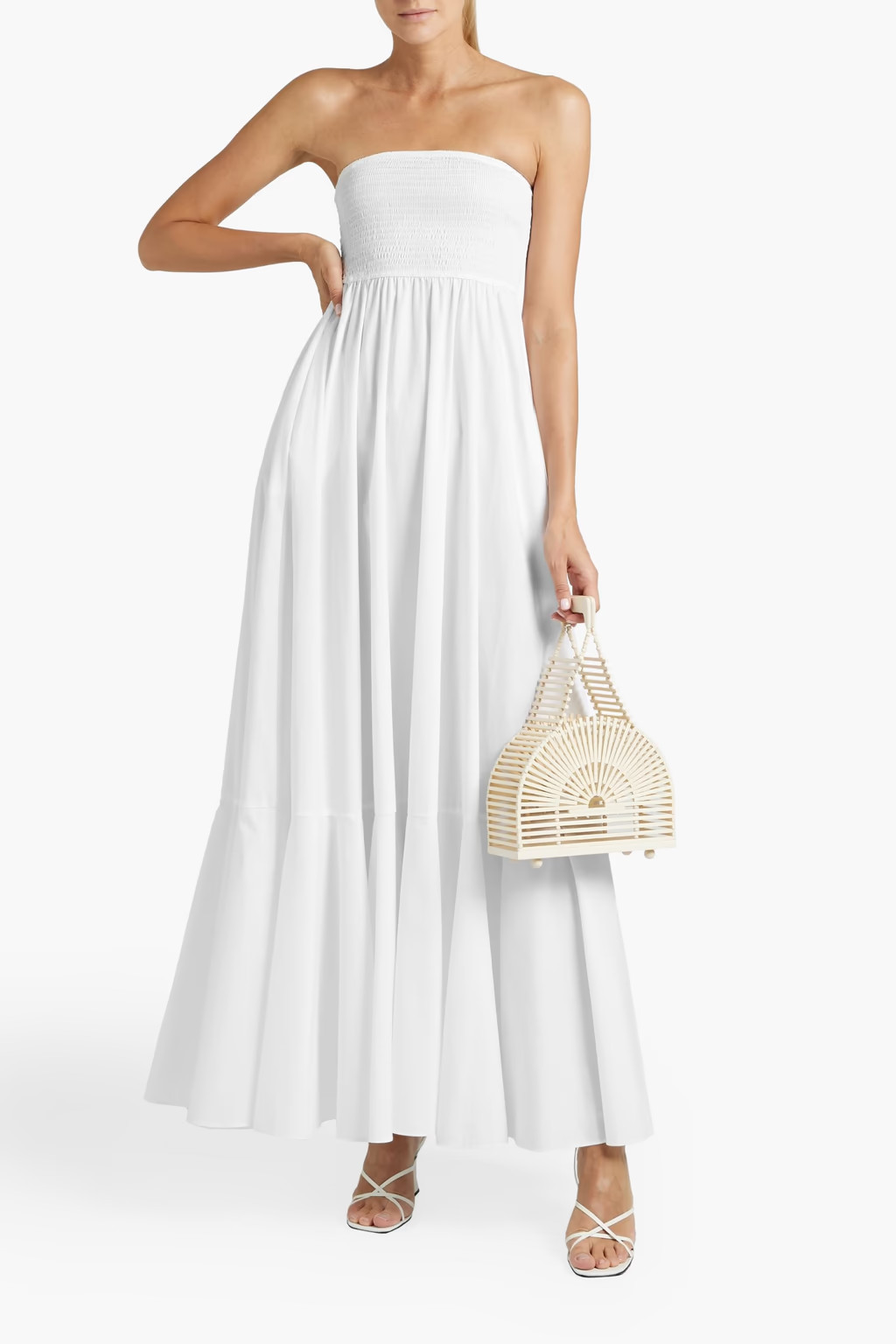 White Haisley strapless shirred cotton-blend poplin maxi dress | CAROLINE CONSTAS | THE OUTNET | The Outnet (US and CA)