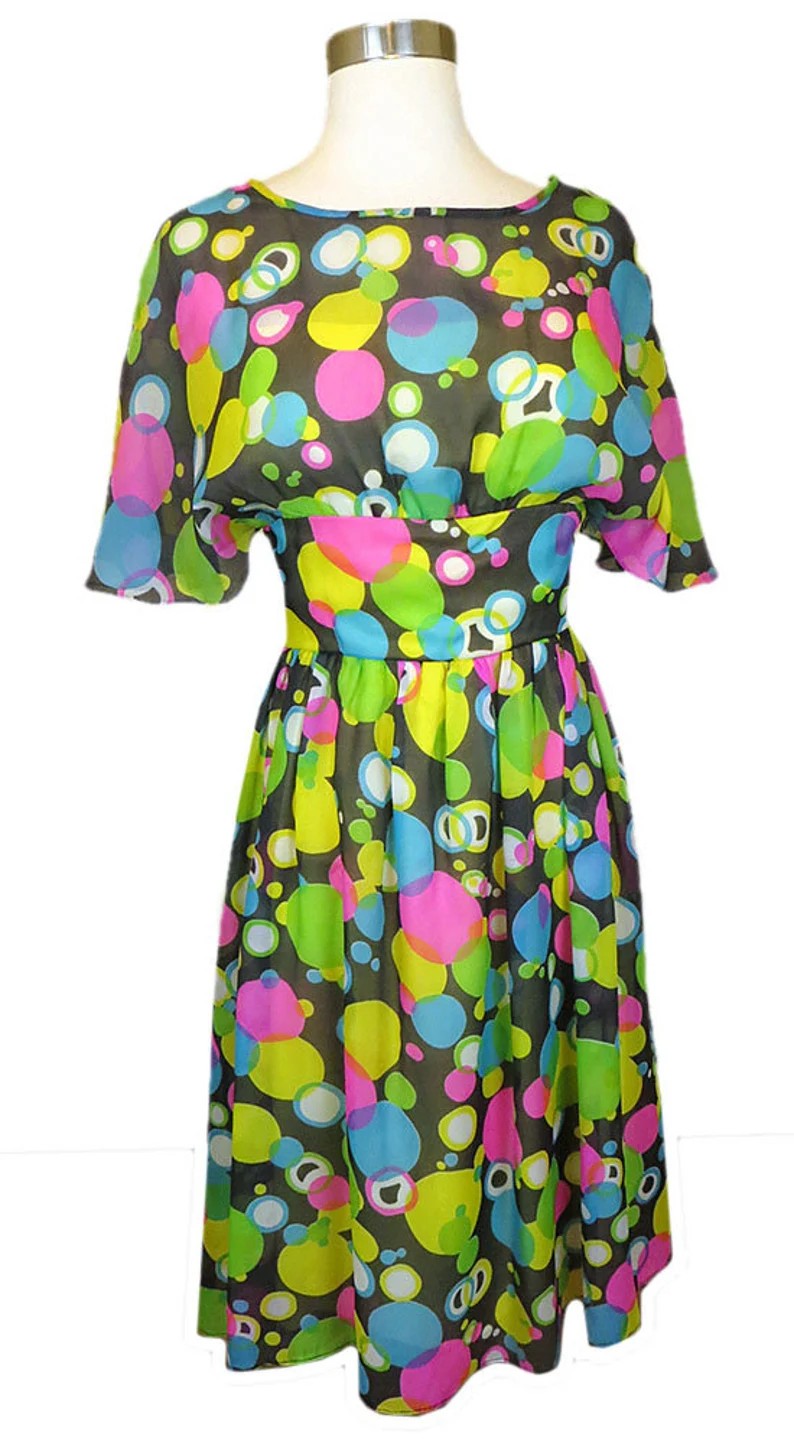 Vintage 50s 60s Polka Dot Chiffon Dress XS Extra Small Floaty Cocktail Party Pink Blue Yellow Wom... | Etsy (Global)