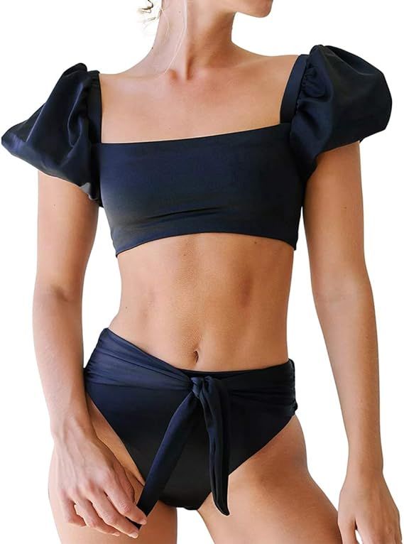 ZAFUAZ Women's High Waisted Bandeau Bikini Set,Fashion Puff Sleeve Swimwear Set Sexy Bathing Suit... | Amazon (US)