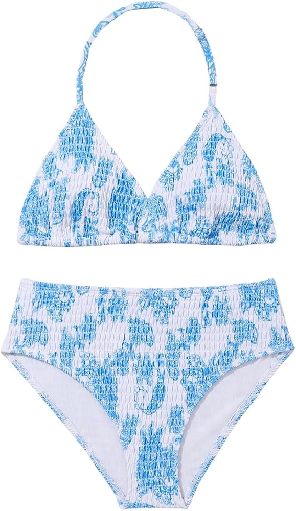 Girl's Tie Dye Smocked 2 Piece Swimwear Sets Backless Halter Bikini Cute Brief Bathing Suit | Amazon (US)