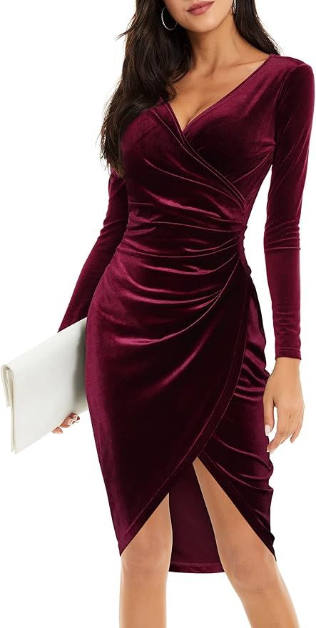 HUHOT Womens Wrap V Neck Long Sleeve Split Wrap Velvet Elegant Bodycon Ruched Cocktail Party Midi... | Amazon (US)