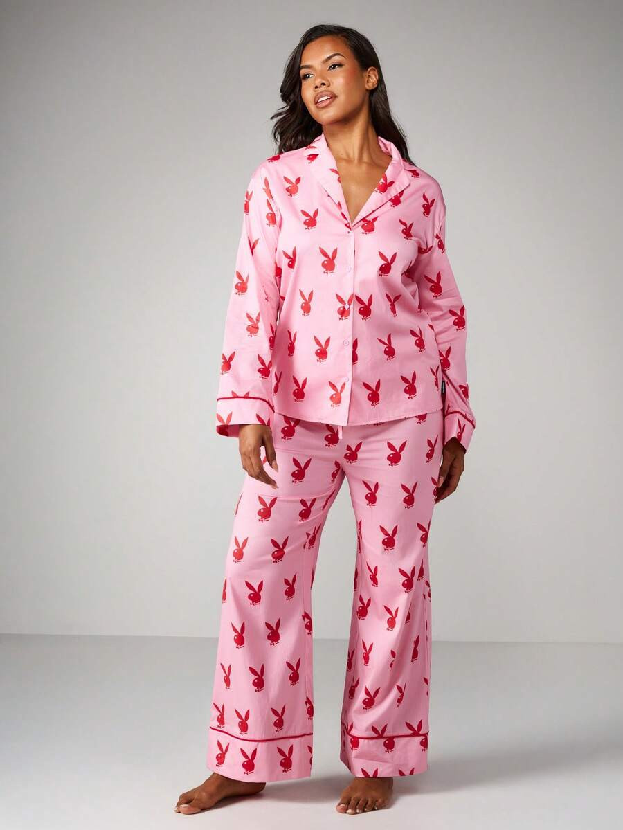Missguided x Playboy Christmas Print Pajama Set With Button Up Top | SHEIN