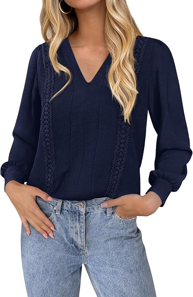 dowerme Womens Tops 2025 Fall V Neck T-Shirts Long Sleeve Shirts Lace Crochet Work Blouses Dressy... | Amazon (US)