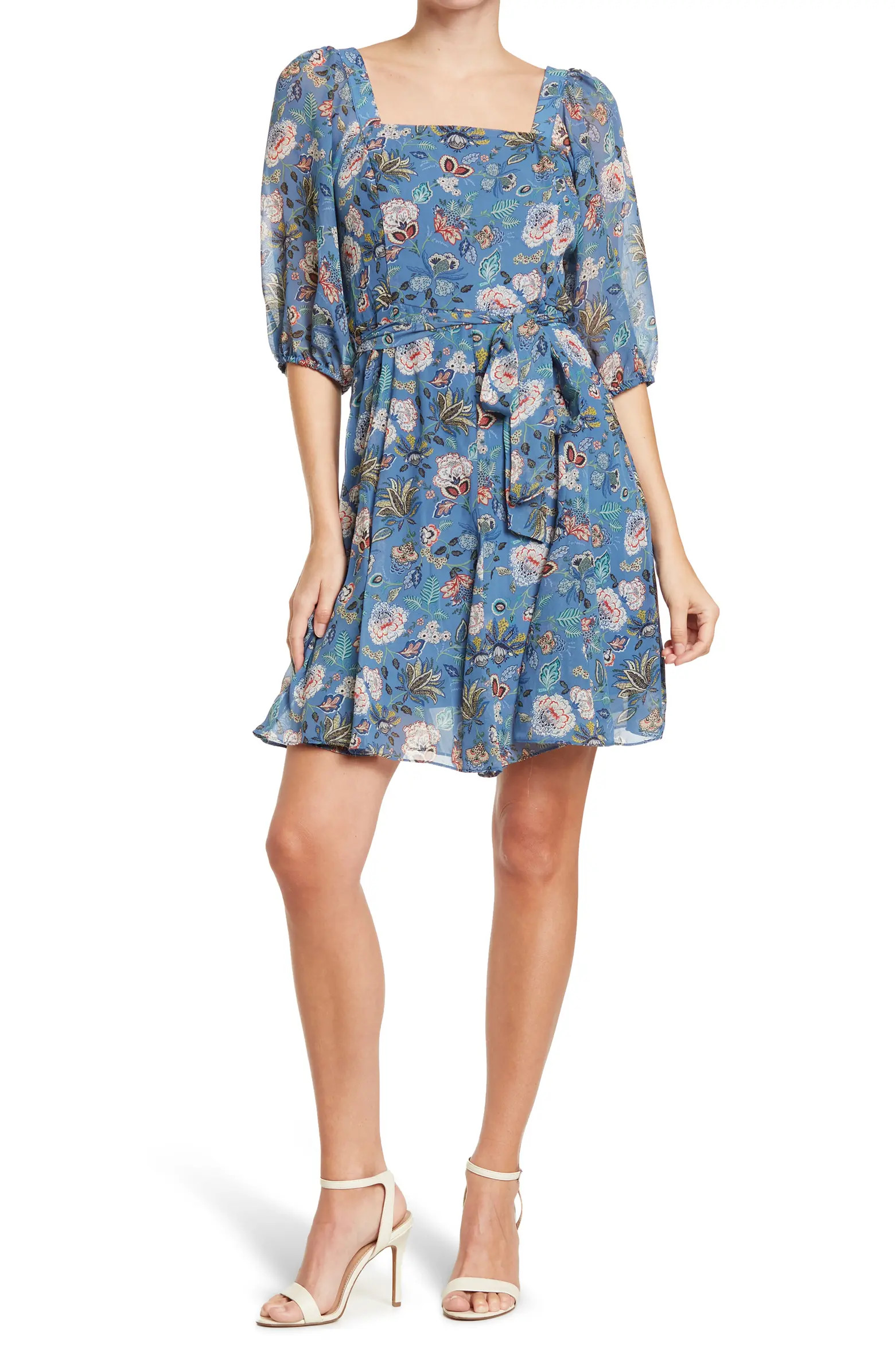 GABBY SKYE Floral Chiffon Elbow Sleeve Tie Waist Dress | Nordstromrack | Nordstrom Rack