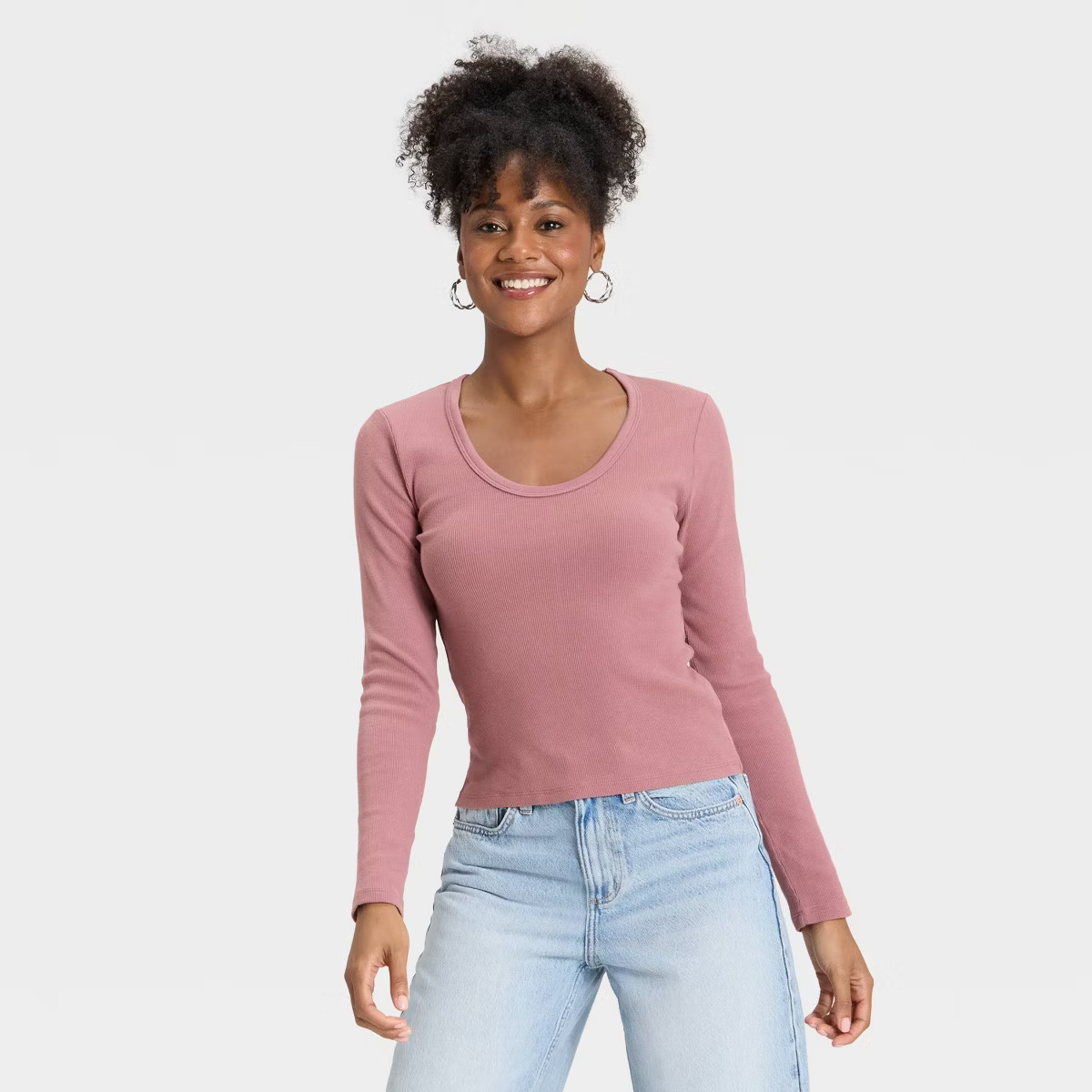 Women's Slim Fit Long Sleeve Scoop Neck Ribbed T-Shirt - Universal Thread™ Mauve M | Target