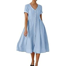 chouyatou Women's Summer Fit and Flare Swing Cotton Dress Casual V-Neck Button Down Beach Midi Dr... | Amazon (US)