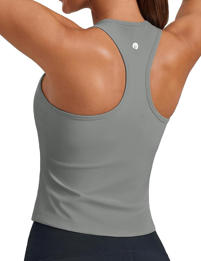 PINSPARK Workout Tops for Women Racerback Tank Top with Built in Bras Waist Length Yoga Tops Padd... | Amazon (US)