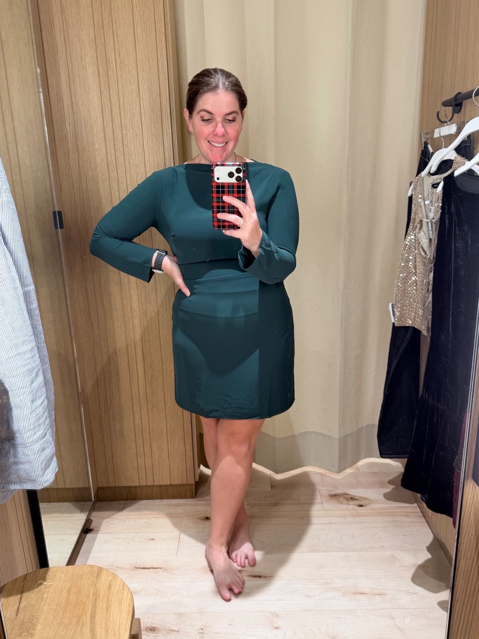 I love this dress so much! I love the color and the fit of this dress! The dress runs TTS and is one you can dress up with heels, or down with boots! The dress is also on sale for $45.99, so definitely grab one! 

#LTKHoliday #LTKSaleAlert #LTKFindsUnder50