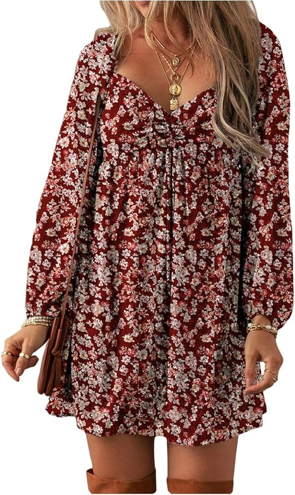 Women's Floral Short Dress Boho Sweetheart Neck Long Sleeve A Line Flowy Dresses | Amazon (US)