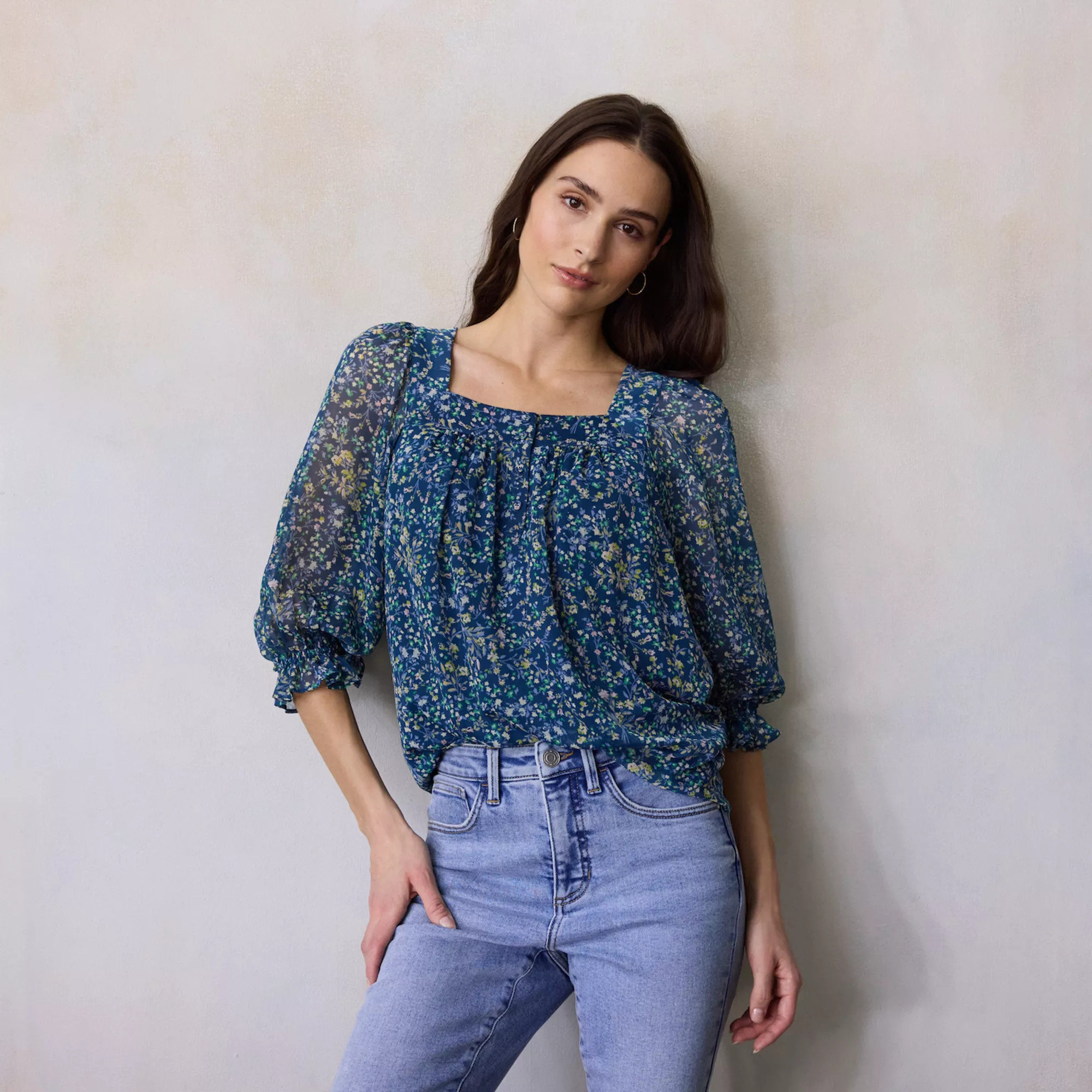 Petite LC Lauren Conrad 3/4 Length Sleeve Square Neck Blouse | Kohl's