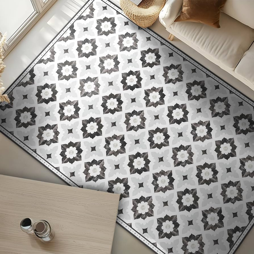 Carolina Creekhouse Vinyl Floor Mat 3'x5' - White Grey Geometric Floral - Waterproof Non-Slip Kit... | Amazon (US)