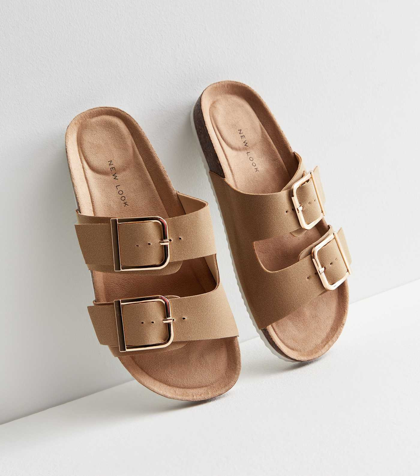 Light Brown Suedette Buckle Footbed Sliders
						
						Add to Saved Items
						Remove from Sav... | New Look (UK)