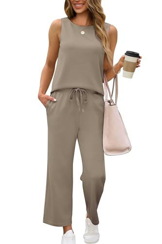 SAMPEEL Two Piece Sets for Women Summer Trendy Business Casual Outfits Cap Sleeve Travel Vacation Outfits Cruise Outfits 2025 Coffee XL | Amazon (US)
