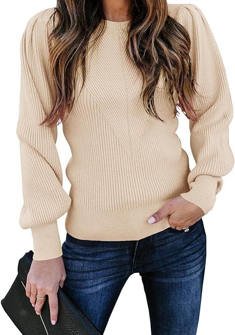 Huiyuzhi Womens Puff Sleeve Pullover Sweaters Crew Neck Soft Slim Fit Solid Color Knitted Jumper | Amazon (US)