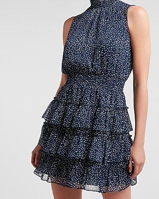 Printed Tiered Sleeveless Smocked Mock Neck Dress | Express