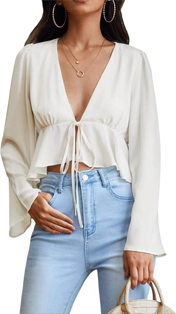 Verdusa Women's Bell Sleeve Tie Front Ruffle Hem Peplum Blouse Shirt Crop Top | Amazon (CA)