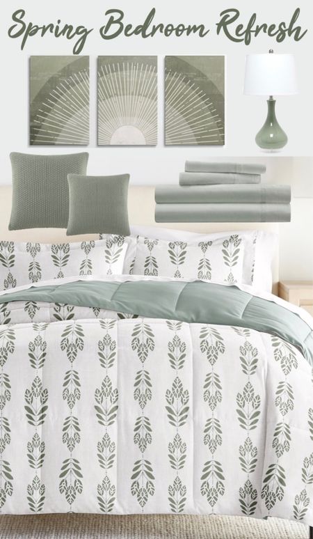 Spring greens for a refreshing bedroom look! Green and white bedding / bedroom decor / bedroom refresh 

#LTKhome #LTKSeasonal #LTKfindsunder100