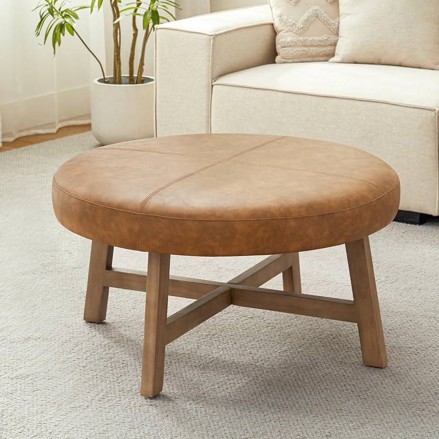 33 Inch Round Coffee Table, Leather Ottoman (Brown) | Amazon (US)