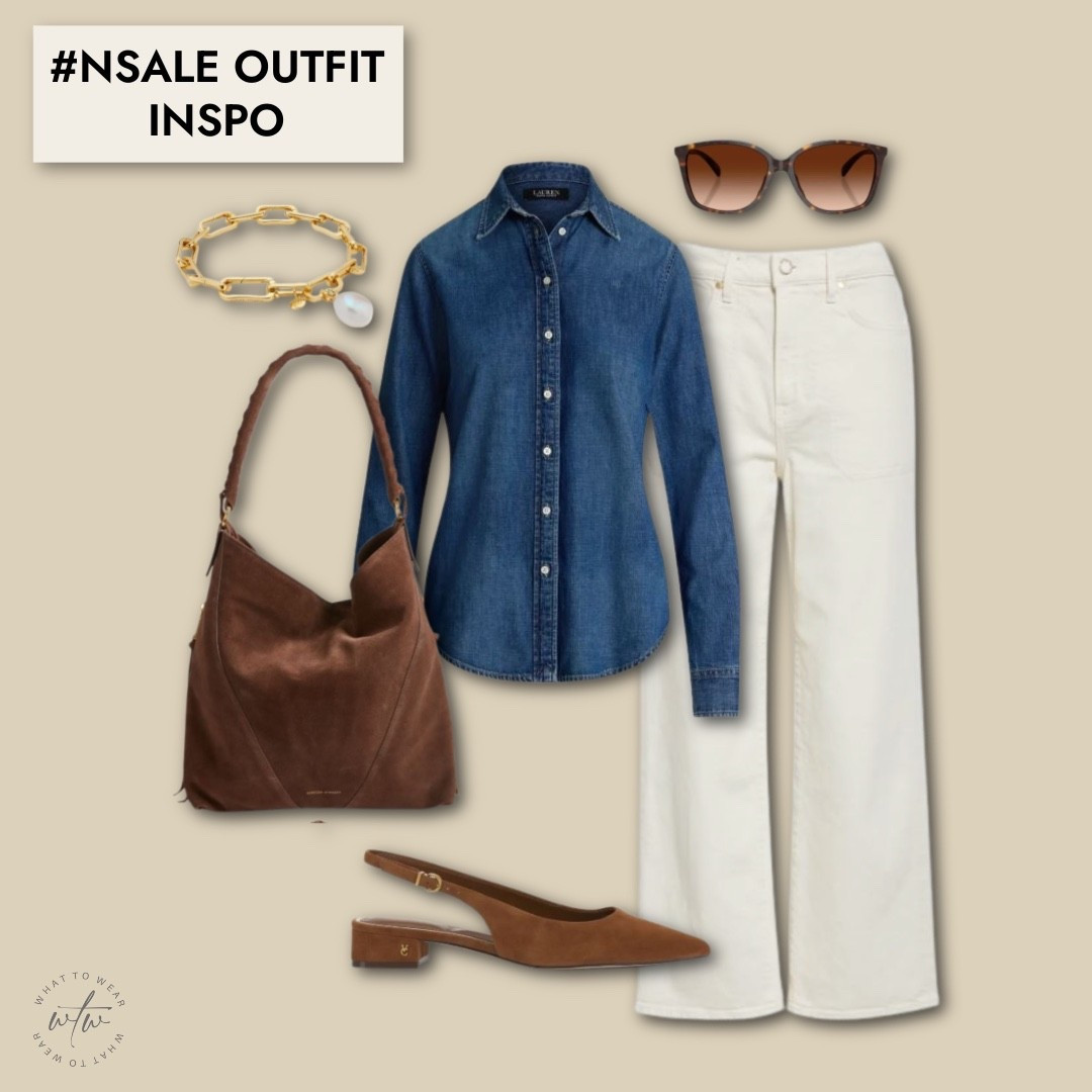NSale denim shirt outfit with NSale White Jeans and Brown bag