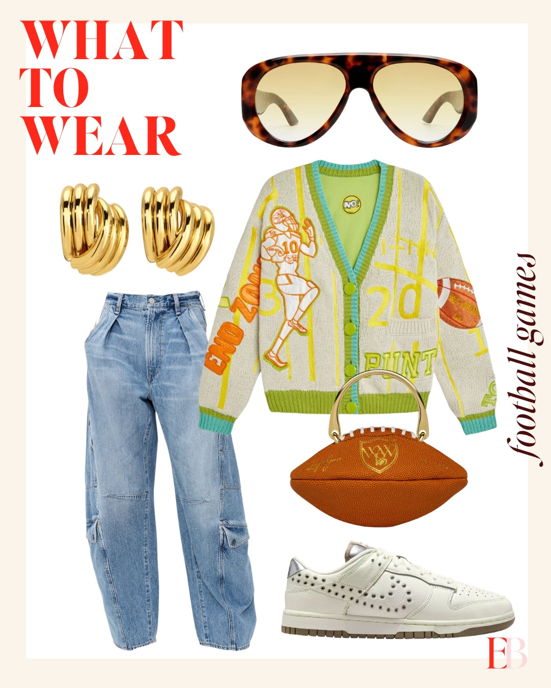 When the cardigan is this loud, keep everything else quiet. Relaxed denim and studded sneakers let it do the talking. You're not a fan, you're a fan. 

 #football #gameday #fallfootball #LTKootd