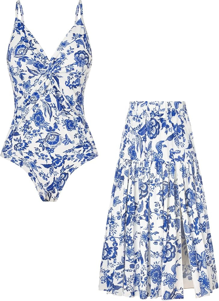 GRACE KARIN Women's One Piece Swimsuits with Cover Up Skirt Tummy Control V Neck Bathing Suits | Amazon (US)